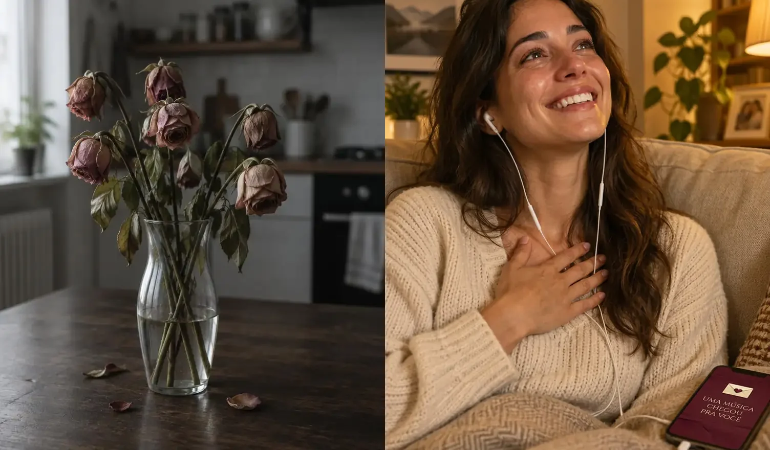 Flores murchas num presente comum ao lado de uma mulher sorrindo com fones de ouvido, ouvindo sua Carta Cantada